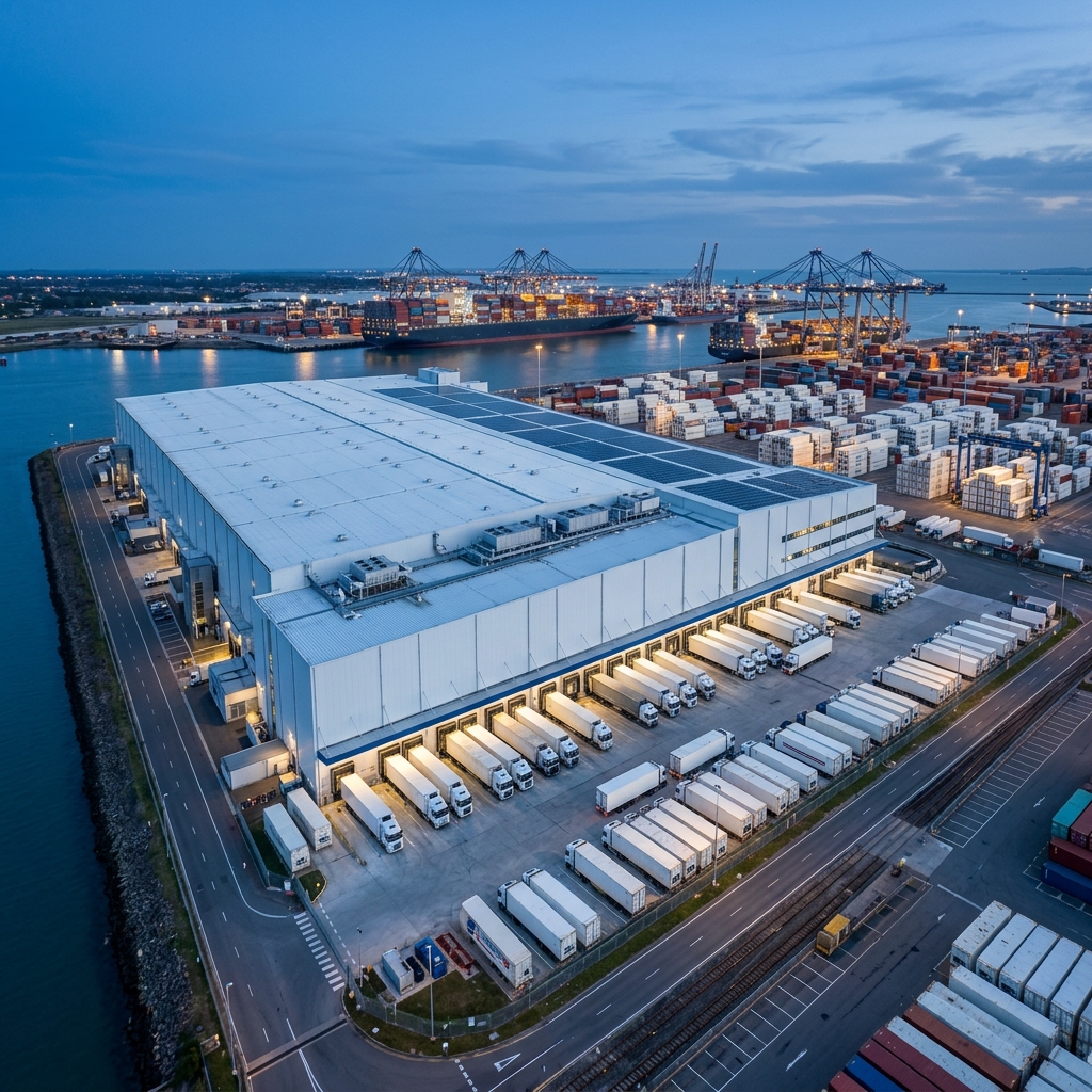 Cold storage facility with multiple loading docks at dusk